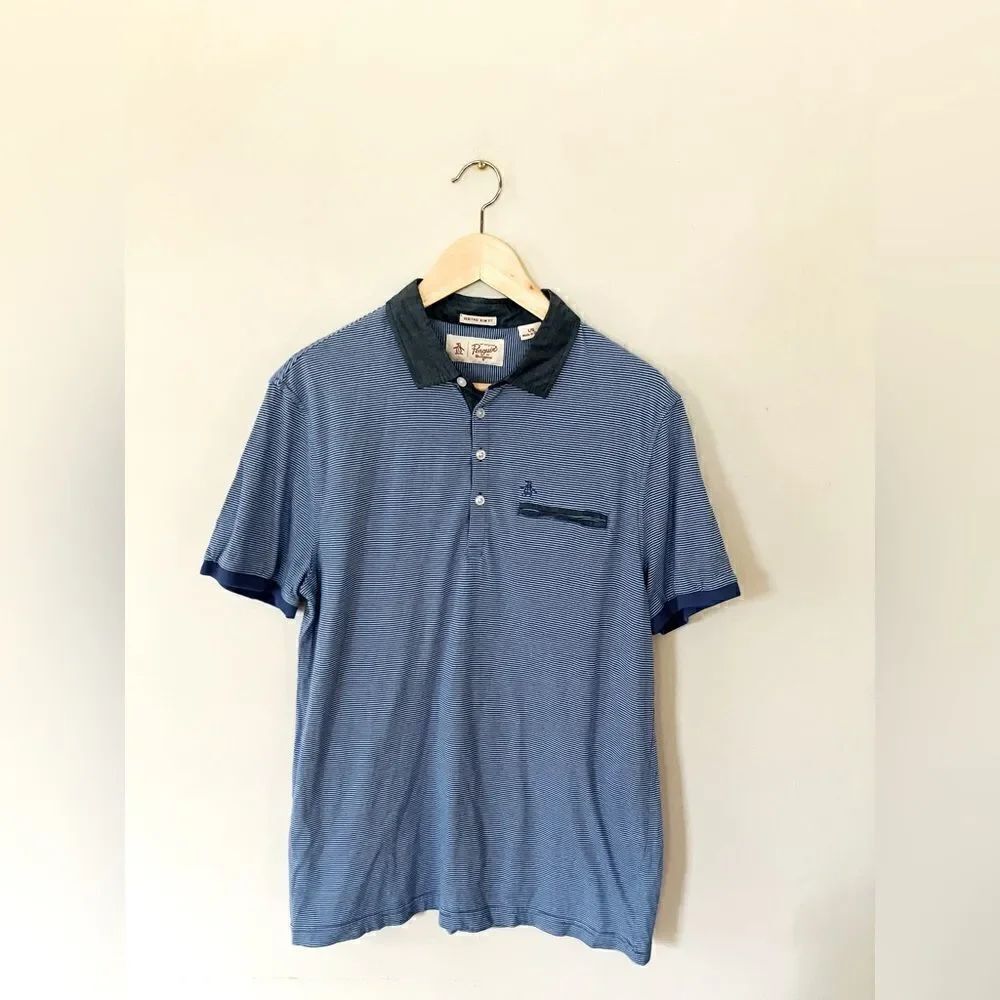 Penguin | means blue and white stripe polo shirt | size large